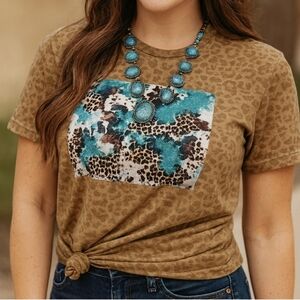 Leopard Print Graphic Tee • Turquoise Abstract Splash • Western Boho Boutique